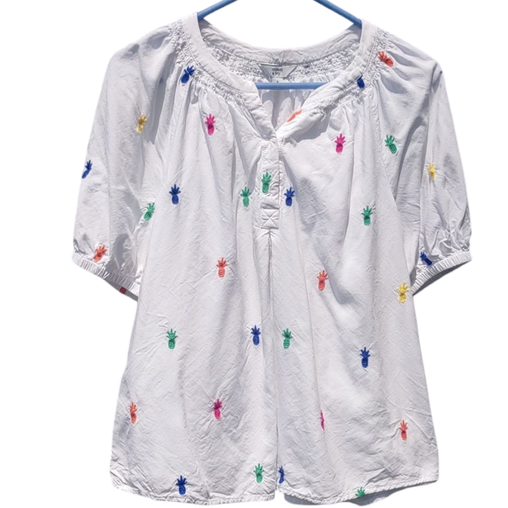 Pineapples By Crown & Ivy White Shirt With Colorful Pineapples Size S